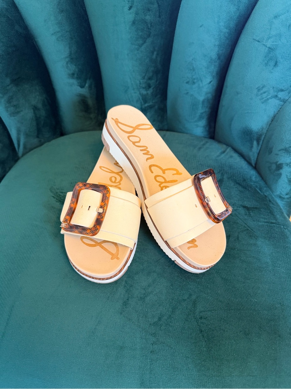 Sam Edelman Cream Slide Sandals with Tortoiseshell Buckle